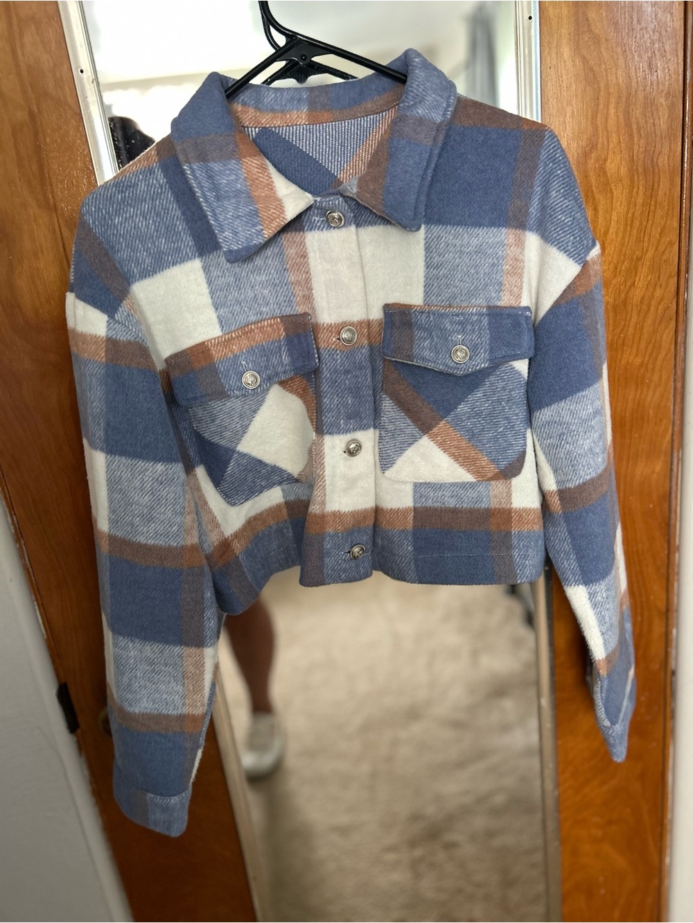 Cropped Plaid Button-Front Jean Jacket in Blue, Cream & Brown